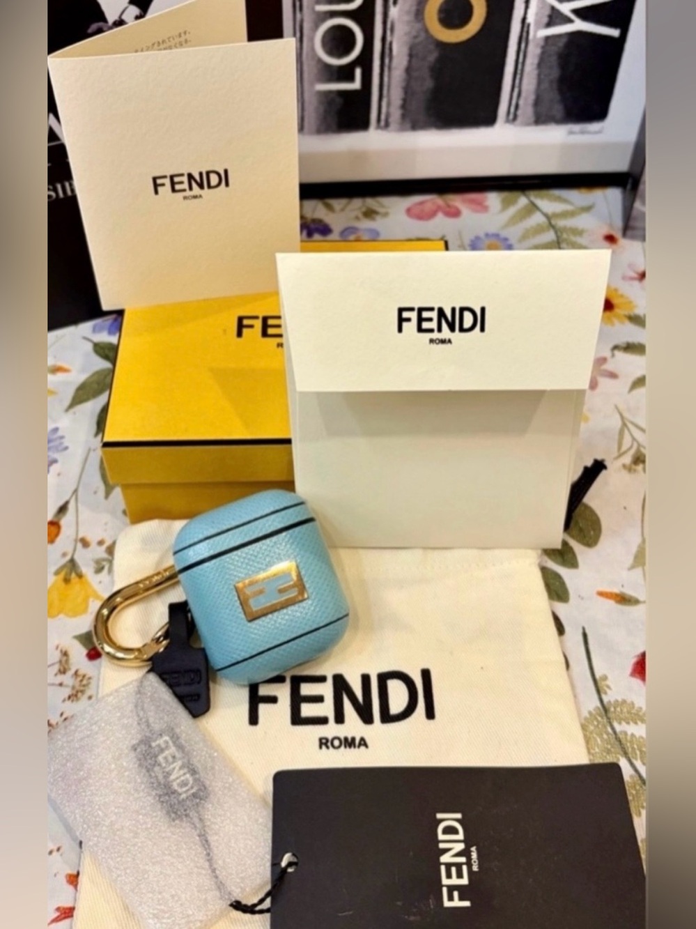 NWT FENDI FULL INCLUSION Sky Blue Leather Air Pods Case with Gold Hardware